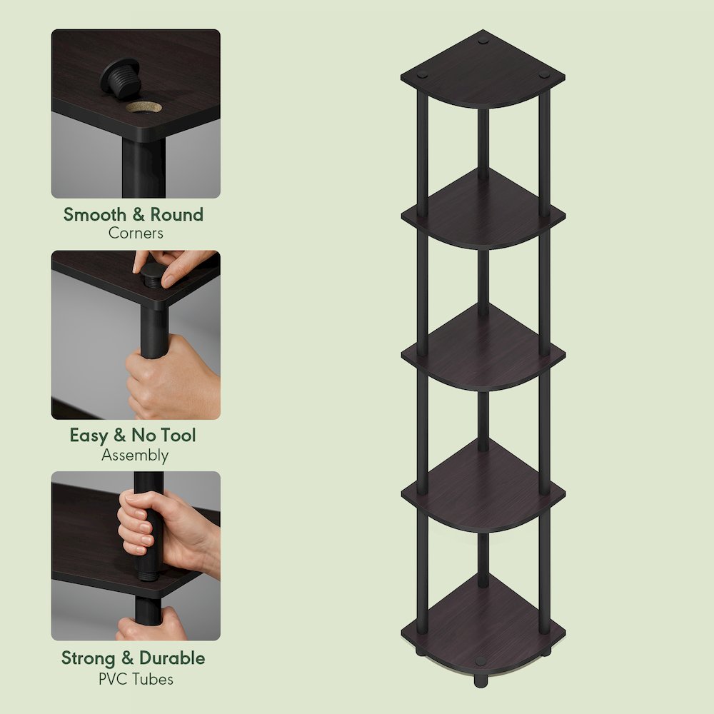 5 Tier Corner Shelf, Corner Bookshelf, Display Shelf Dark Mocha. Picture 7