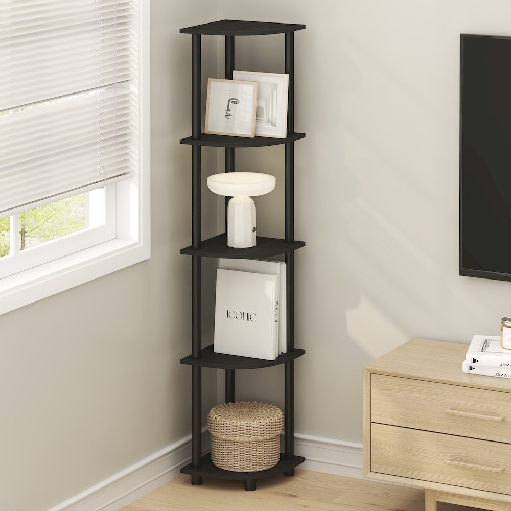 5 Tier Corner Shelf, Corner Bookshelf, Display Shelf Black Espresso. Picture 5