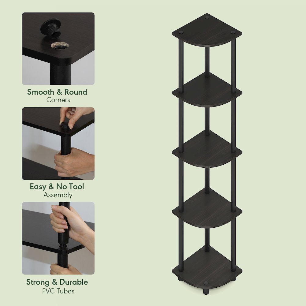 5 Tier Corner Shelf, Corner Bookshelf, Display Shelf Black Espresso. Picture 7