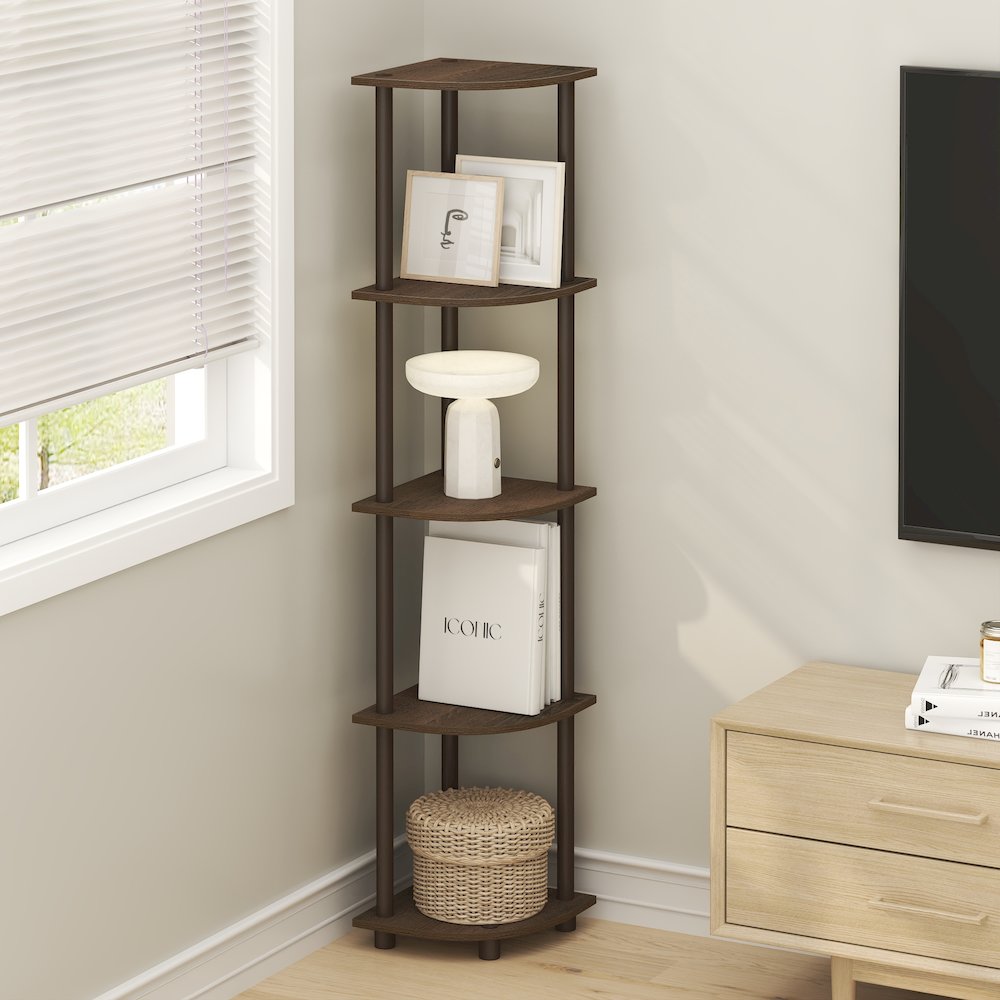 5 Tier Corner Shelf, Corner Bookshelf, Display Shelf Black Walnut. Picture 5