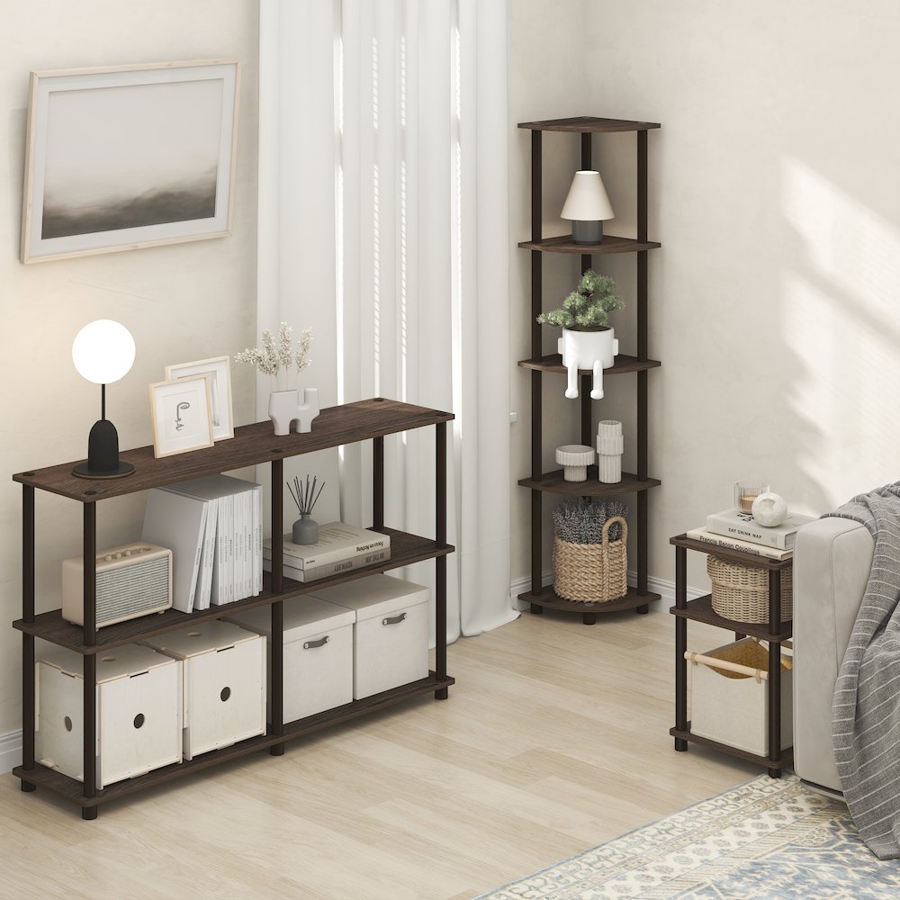 5 Tier Corner Shelf, Corner Bookshelf, Display Shelf Black Walnut. Picture 6