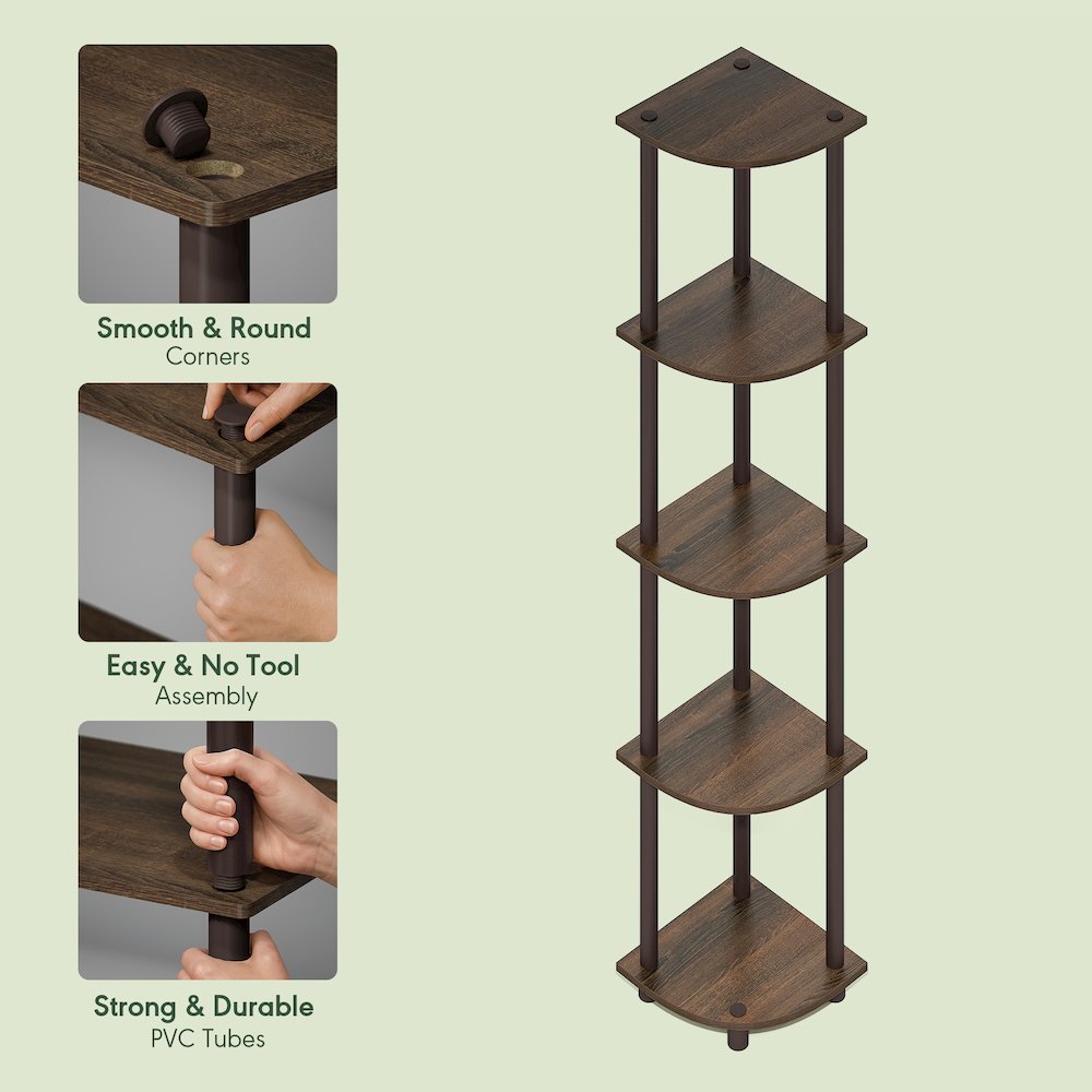 5 Tier Corner Shelf, Corner Bookshelf, Display Shelf Black Walnut. Picture 7