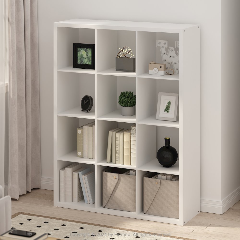 Simple Open Back Cube Storage Organizer, Standing Shelf, 12-Cube, White. Picture 6
