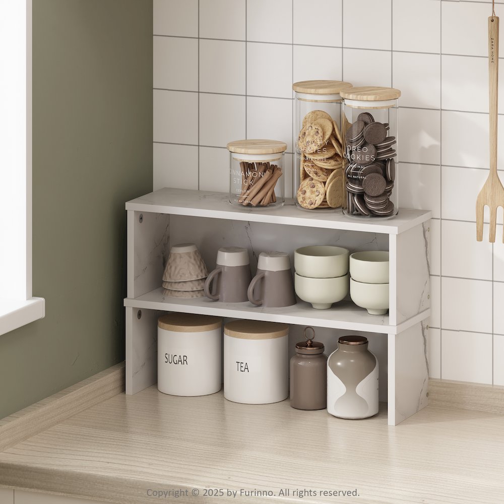 18-Inch Kitchen Counter Stackable Organizer Shelf, Light Marble, Set of 2. Picture 2