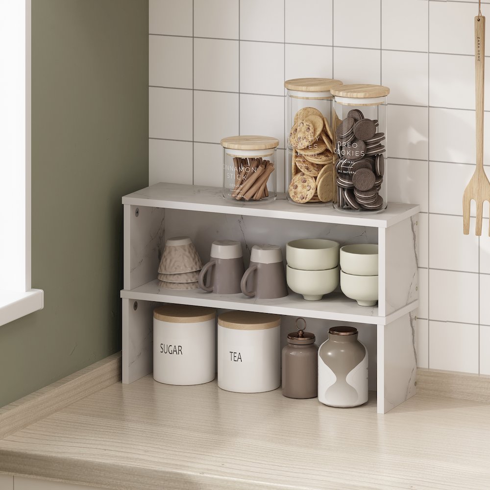 18-Inch Kitchen Counter Stackable Organizer Shelf, Light Marble, Set of 2. Picture 7