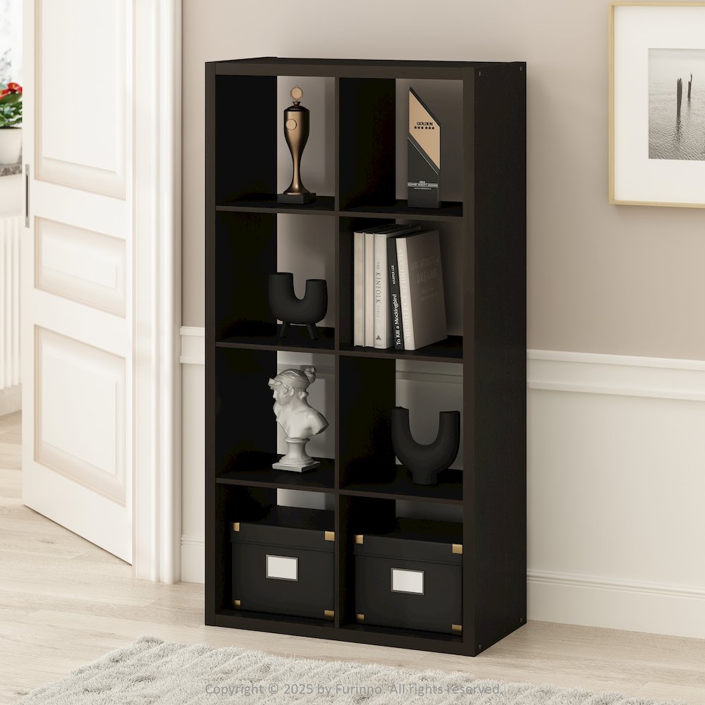 Simple Open Back Cube Storage Organizer, Standing Shelf, 8-Cube, Dark Oak. Picture 2