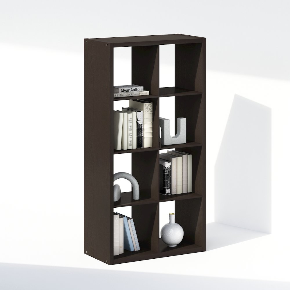Simple Open Back Cube Storage Organizer, Standing Shelf, 8-Cube, Dark Oak. Picture 5