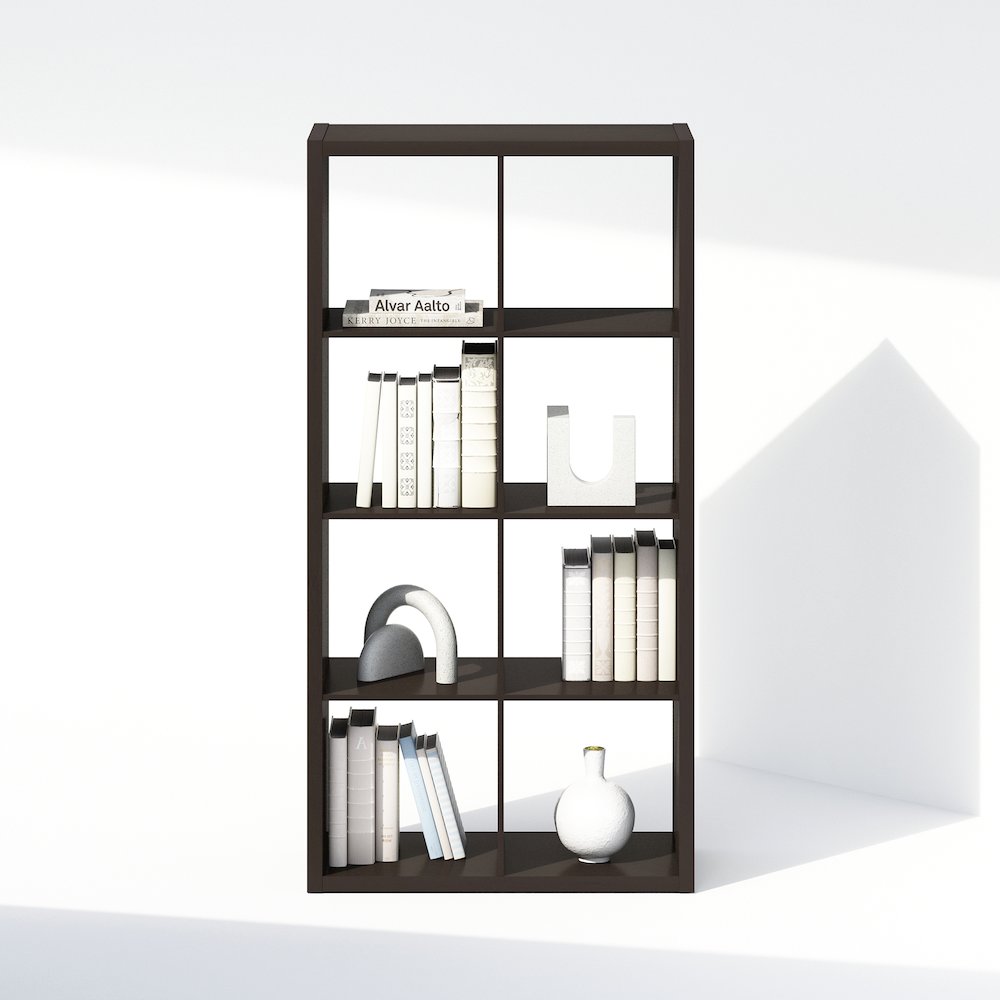 Simple Open Back Cube Storage Organizer, Standing Shelf, 8-Cube, Dark Oak. Picture 6