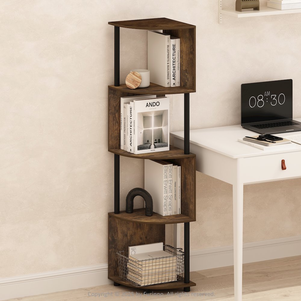 Furinno Basic 4-Tier Zigzag Corner Multipurpose Standing Shelf, Amber Pine/Black. Picture 2