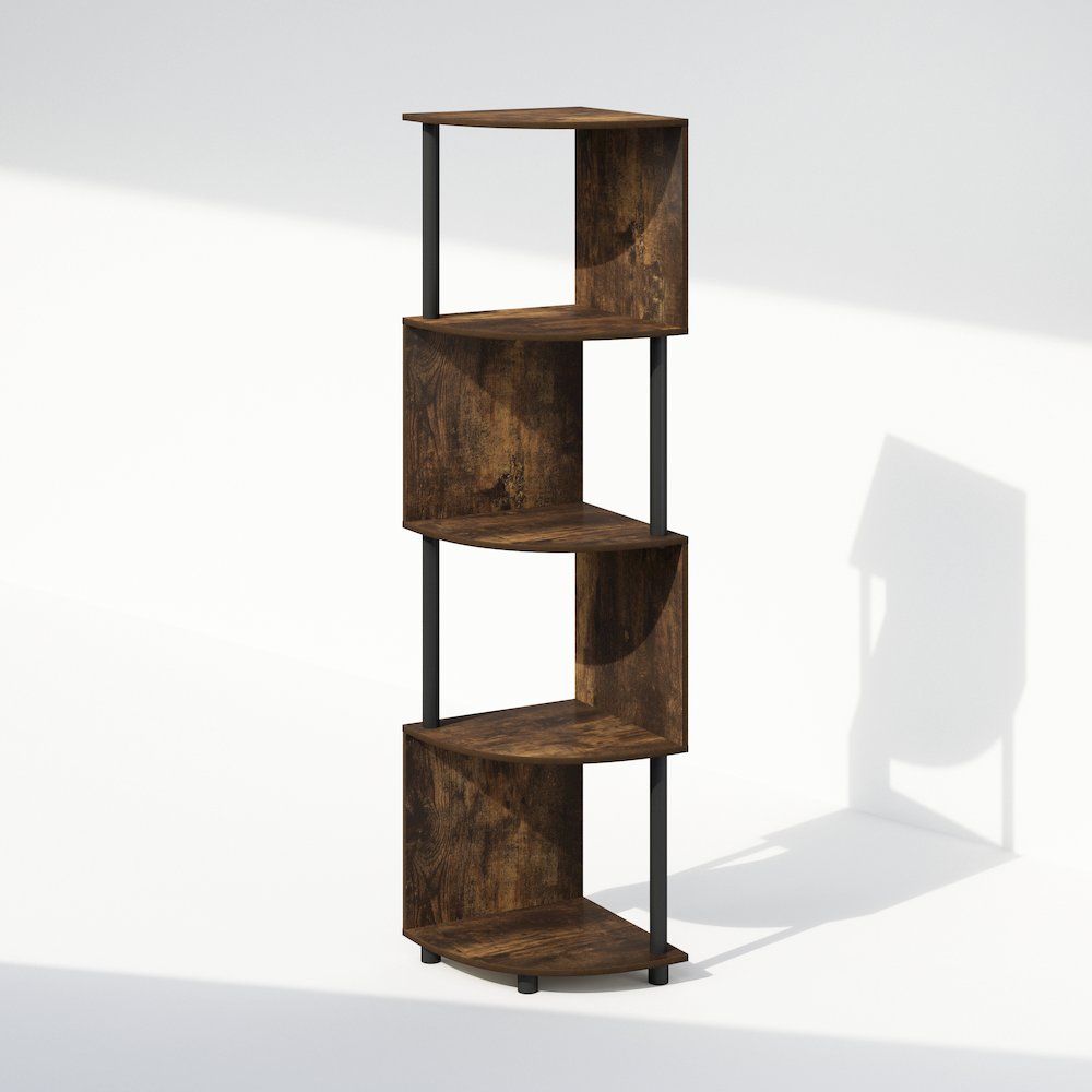 Furinno Basic 4-Tier Zigzag Corner Multipurpose Standing Shelf, Amber Pine/Black. Picture 1