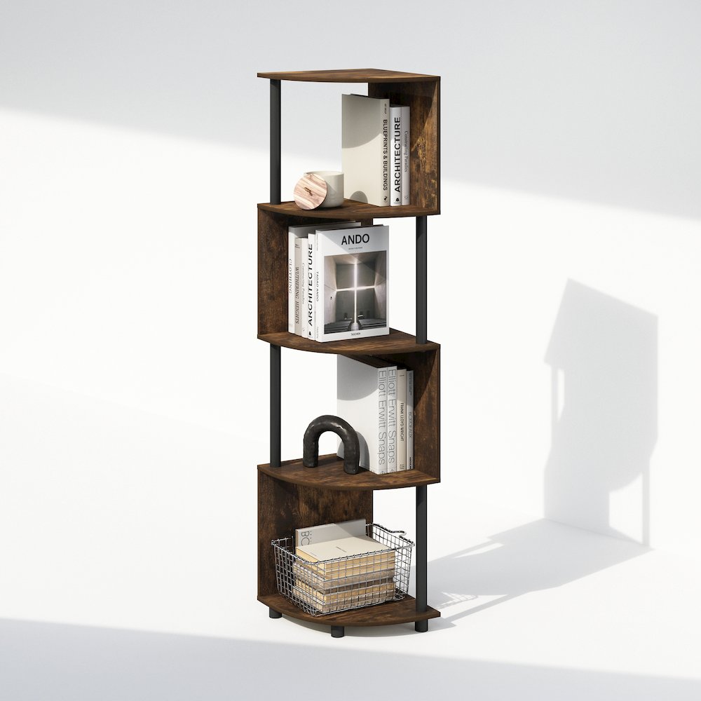 Furinno Basic 4-Tier Zigzag Corner Multipurpose Standing Shelf, Amber Pine/Black. Picture 5