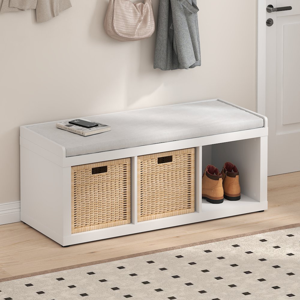 Cubicle 3-Cube Storage Bench with Comfy Cushion for Entryway, Living Room, White. Picture 5