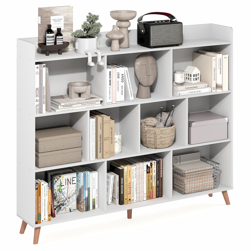 10-Cube Mid Century Style Bookshelf, Storage Organizer with Wood Legs, White. Picture 3
