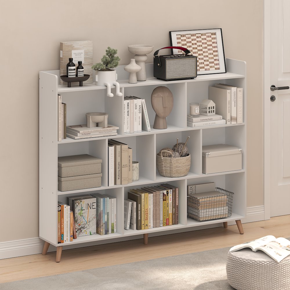 10-Cube Mid Century Style Bookshelf, Storage Organizer with Wood Legs, White. Picture 4