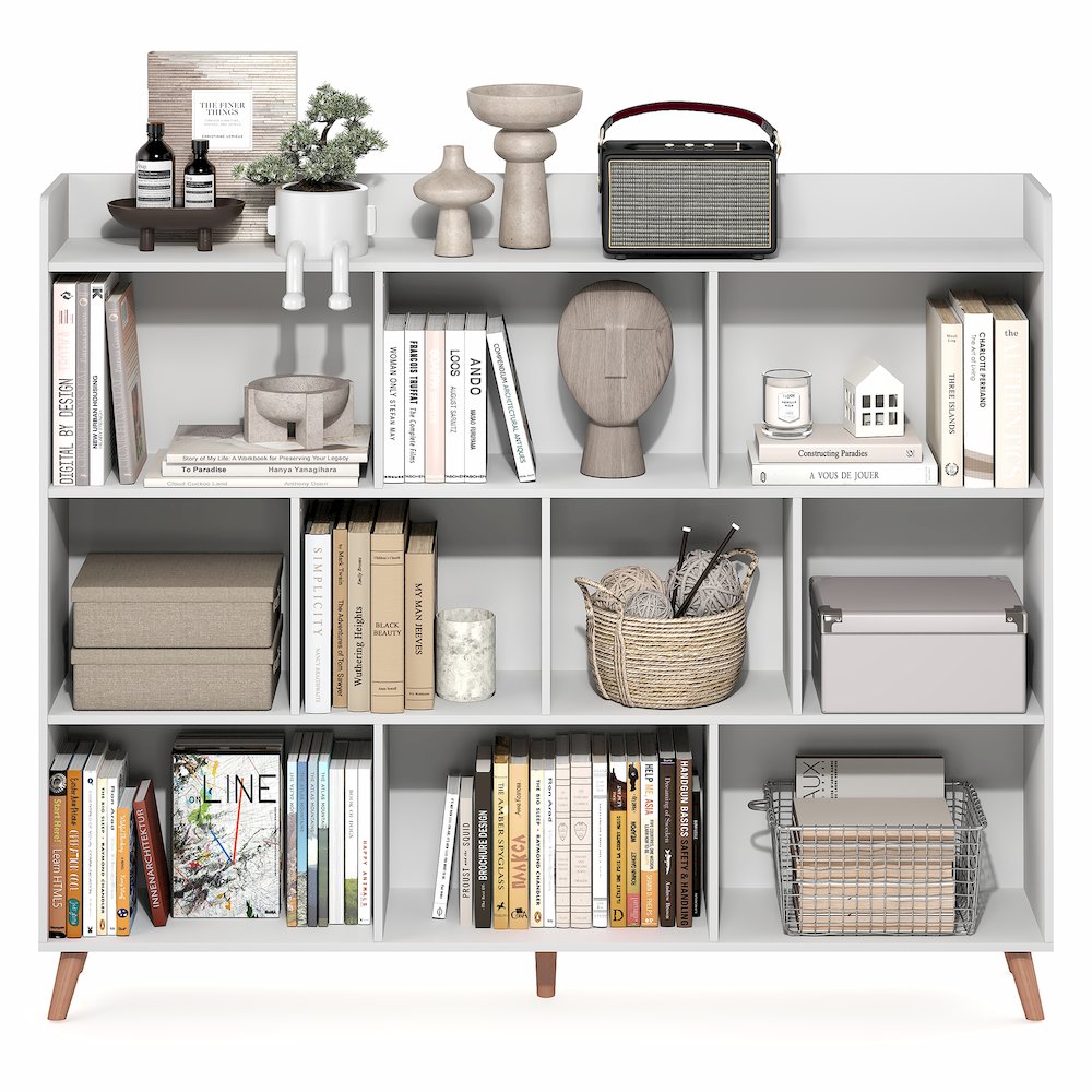 10-Cube Mid Century Style Bookshelf, Storage Organizer with Wood Legs, White. Picture 6