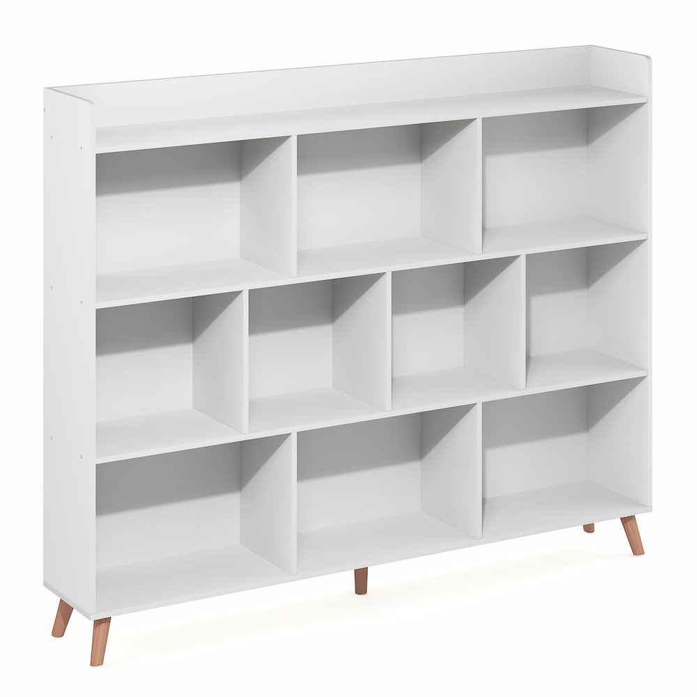 10-Cube Mid Century Style Bookshelf, Storage Organizer with Wood Legs, White. Picture 2