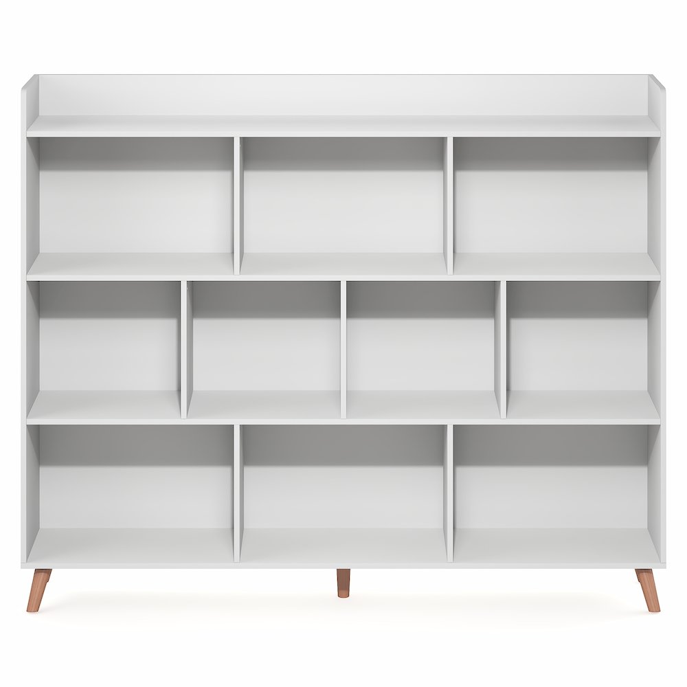 10-Cube Mid Century Style Bookshelf, Storage Organizer with Wood Legs, White. Picture 1