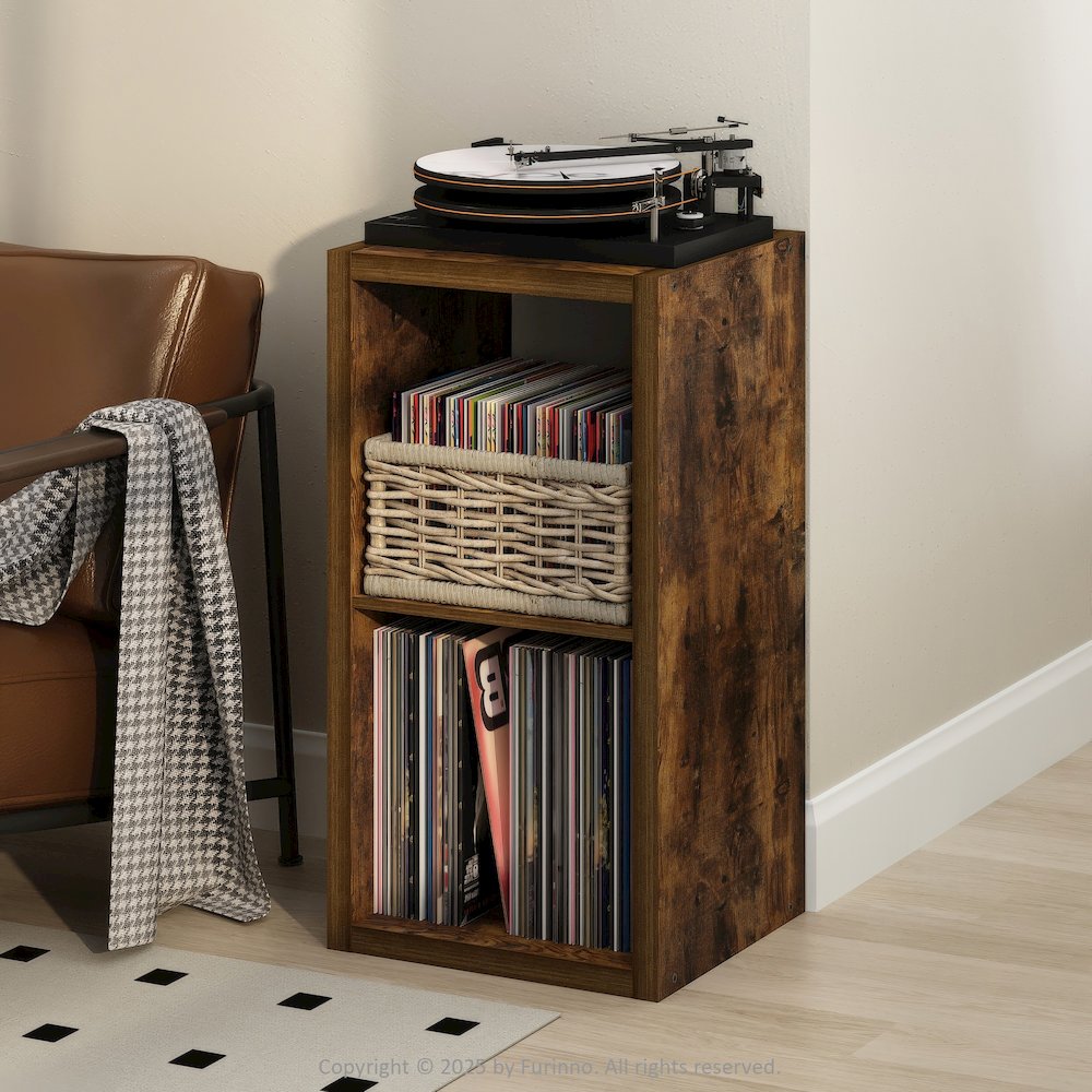 Open Back Decorative Vintage Media Storage Organizer, 2-Cube, Amber Pine. Picture 4