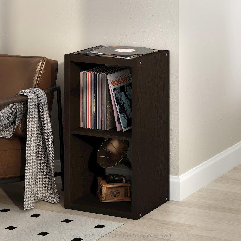 Open Back Decorative Vintage Media Storage Organizer, 2-Cube, Dark Oak. Picture 2
