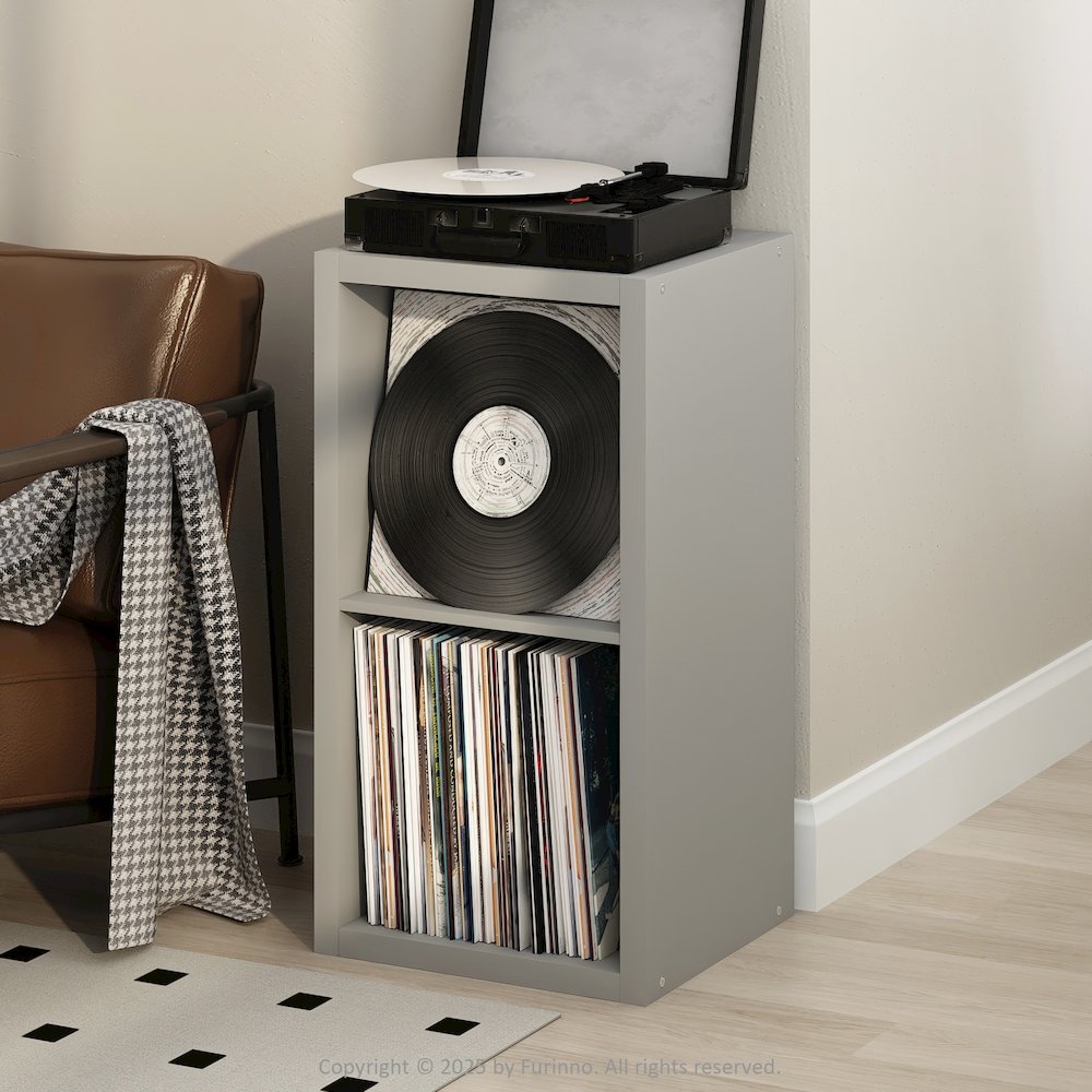 Open Back Decorative Vintage Media Storage Organizer, 2-Cube, Light Grey. Picture 2
