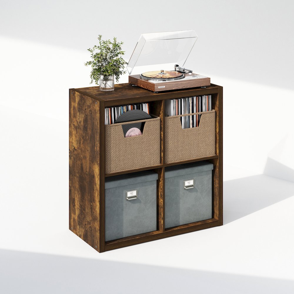 Open Back Decorative Vintage Media Storage Organizer, 4-Cube, Amber Pine. Picture 1