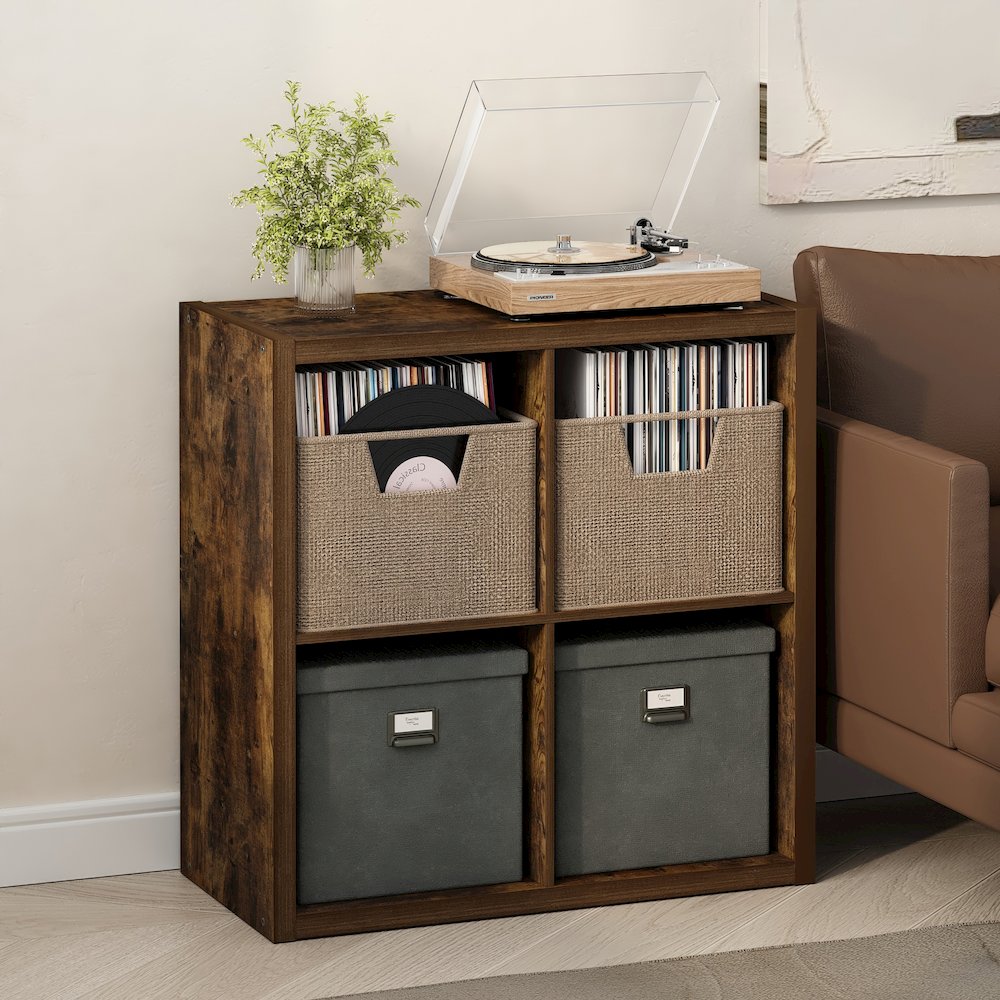 Open Back Decorative Vintage Media Storage Organizer, 4-Cube, Amber Pine. Picture 2
