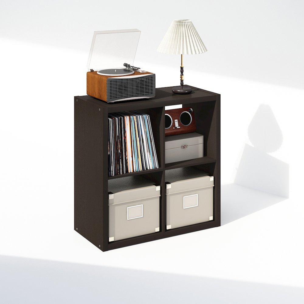Open Back Decorative Vintage Media Storage Organizer, 4-Cube, Dark Oak. Picture 1