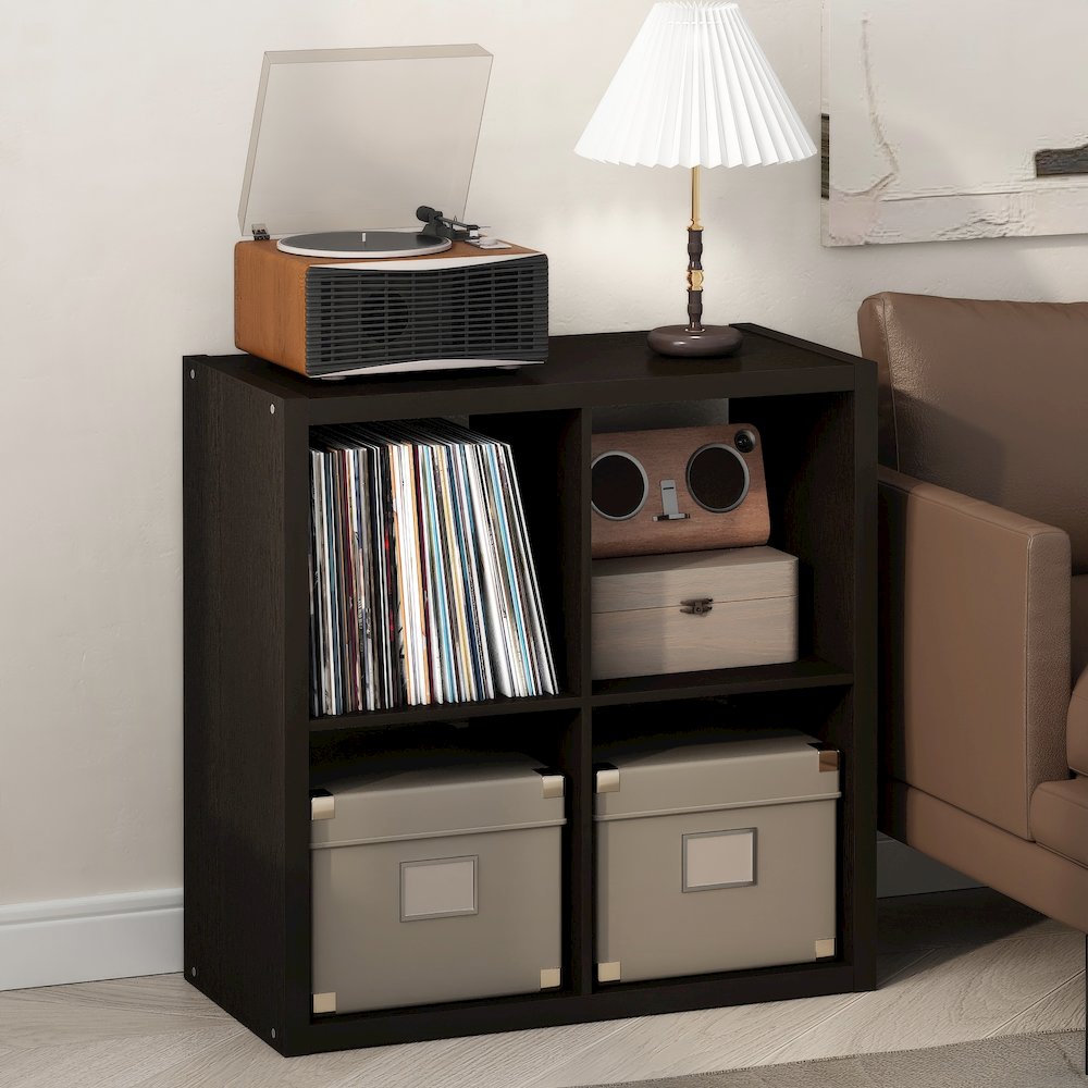 Open Back Decorative Vintage Media Storage Organizer, 4-Cube, Dark Oak. Picture 2