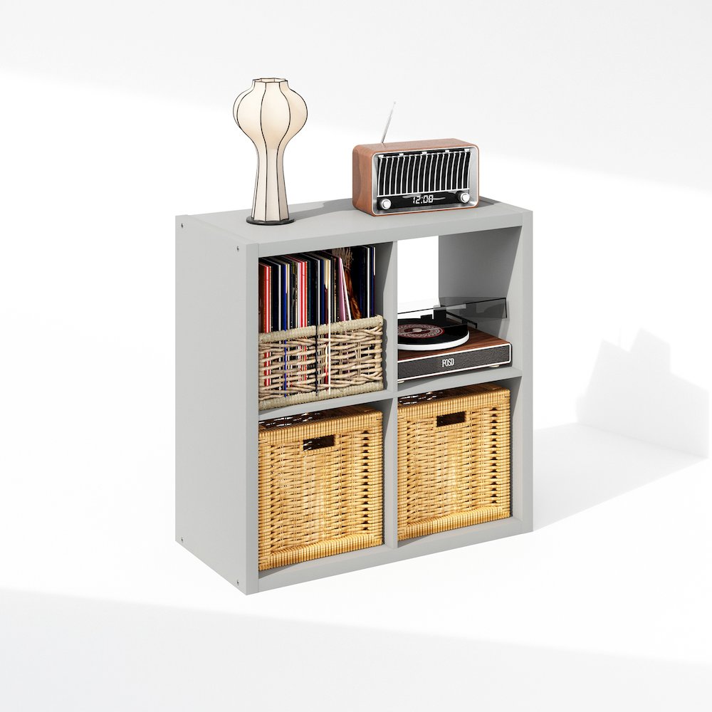 Open Back Decorative Vintage Media Storage Organizer, 4-Cube, Light Grey. Picture 1
