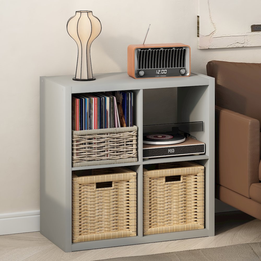 Open Back Decorative Vintage Media Storage Organizer, 4-Cube, Light Grey. Picture 2