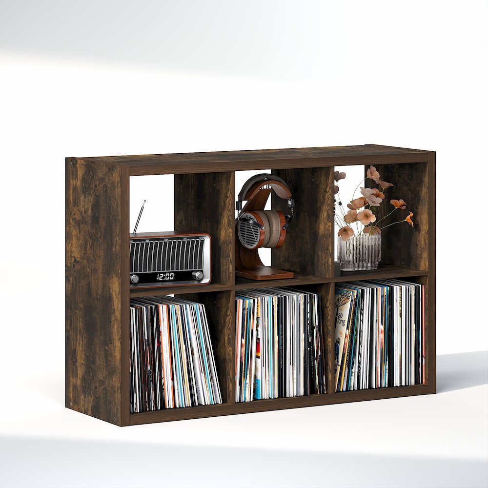 Open Back Decorative Vintage Media Storage Organizer, 6-Cube, Amber Pine. Picture 1