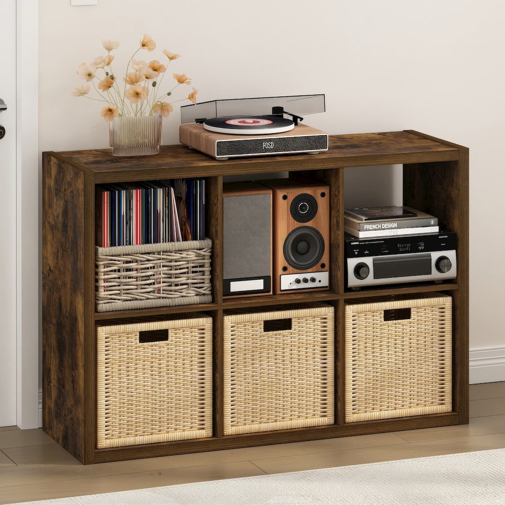 Open Back Decorative Vintage Media Storage Organizer, 6-Cube, Amber Pine. Picture 2
