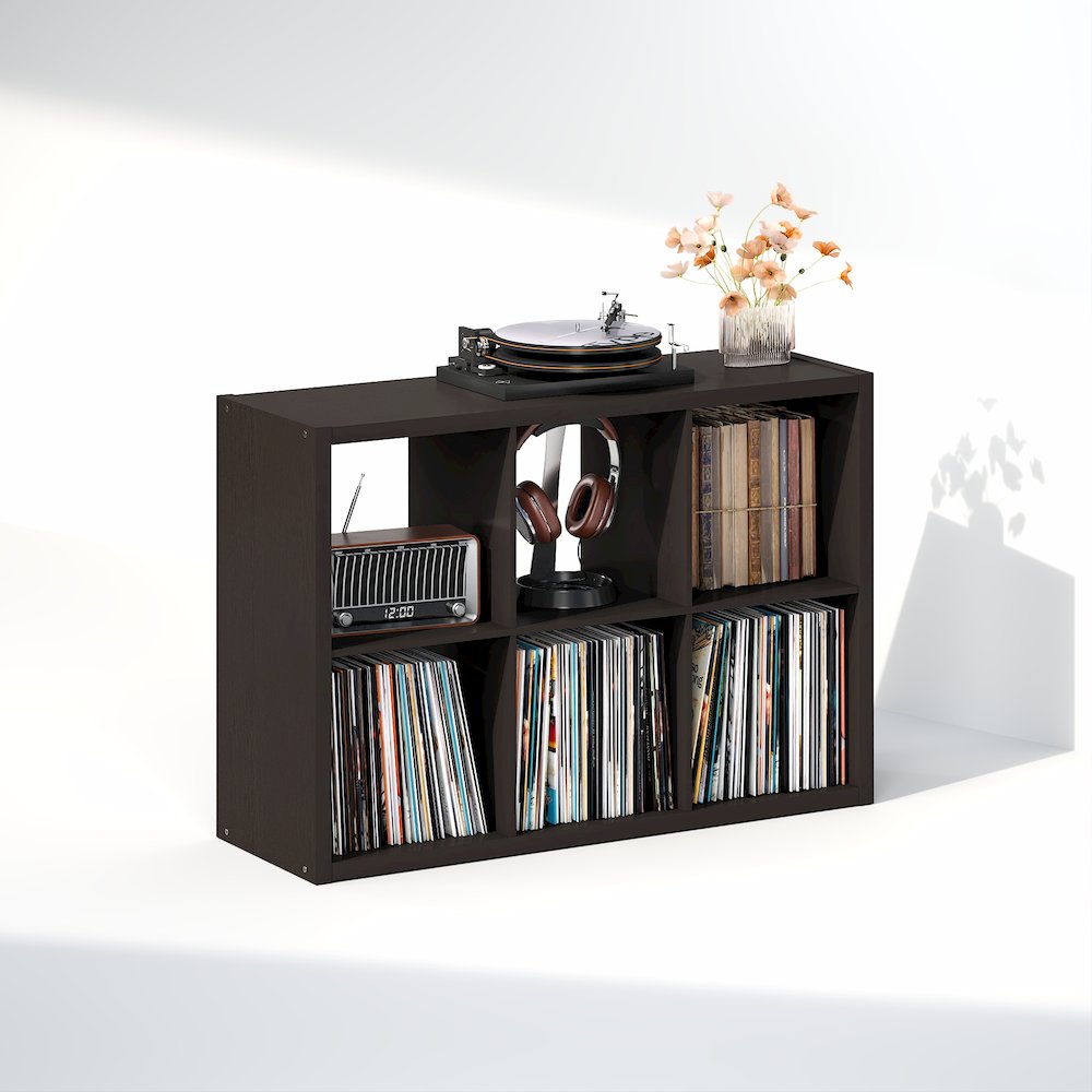 Open Back Decorative Vintage Media Storage Organizer, 6-Cube, Dark Oak. Picture 1