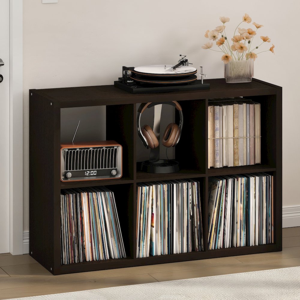 Open Back Decorative Vintage Media Storage Organizer, 6-Cube, Dark Oak. Picture 2