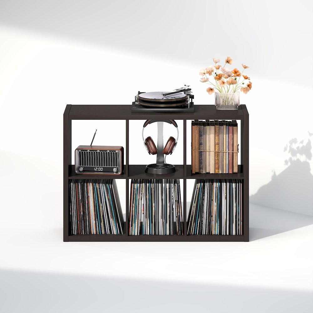 Open Back Decorative Vintage Media Storage Organizer, 6-Cube, Dark Oak. Picture 4