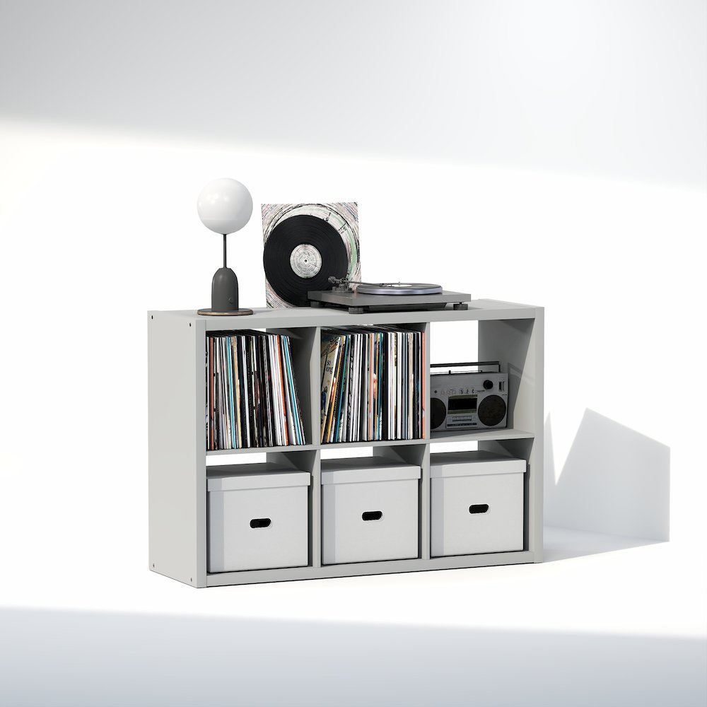Open Back Decorative Vintage Media Storage Organizer, 6-Cube, Light Grey. Picture 1
