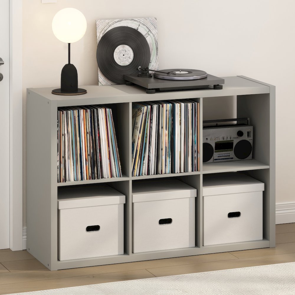 Open Back Decorative Vintage Media Storage Organizer, 6-Cube, Light Grey. Picture 2