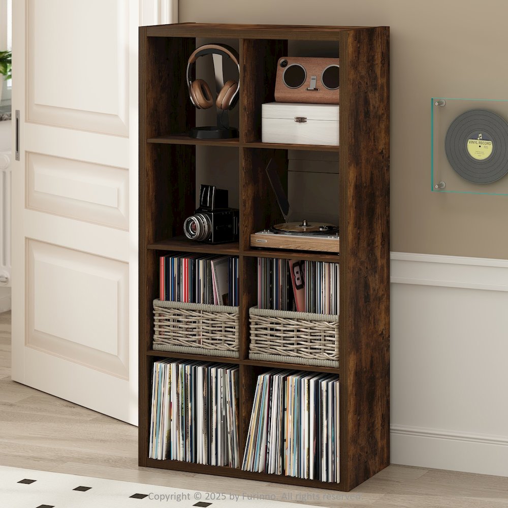 Open Back Decorative Vintage Media Storage Organizer, 8-Cube, Amber Pine. Picture 2