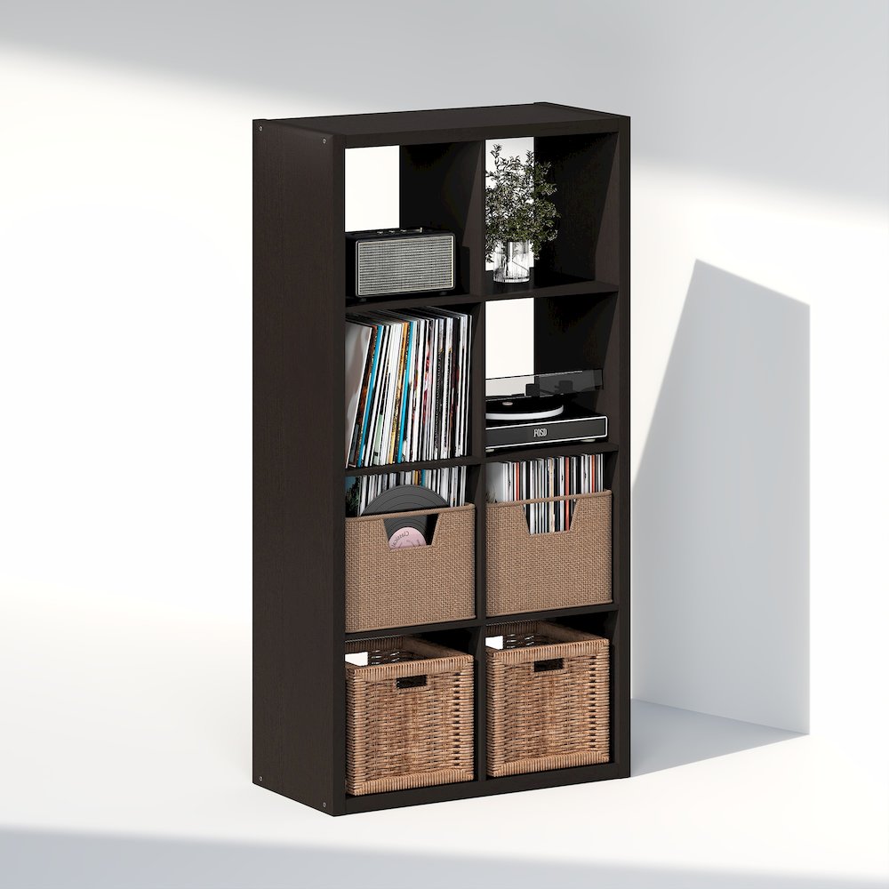 Open Back Decorative Vintage Media Storage Organizer, 8-Cube, Dark Oak. Picture 1