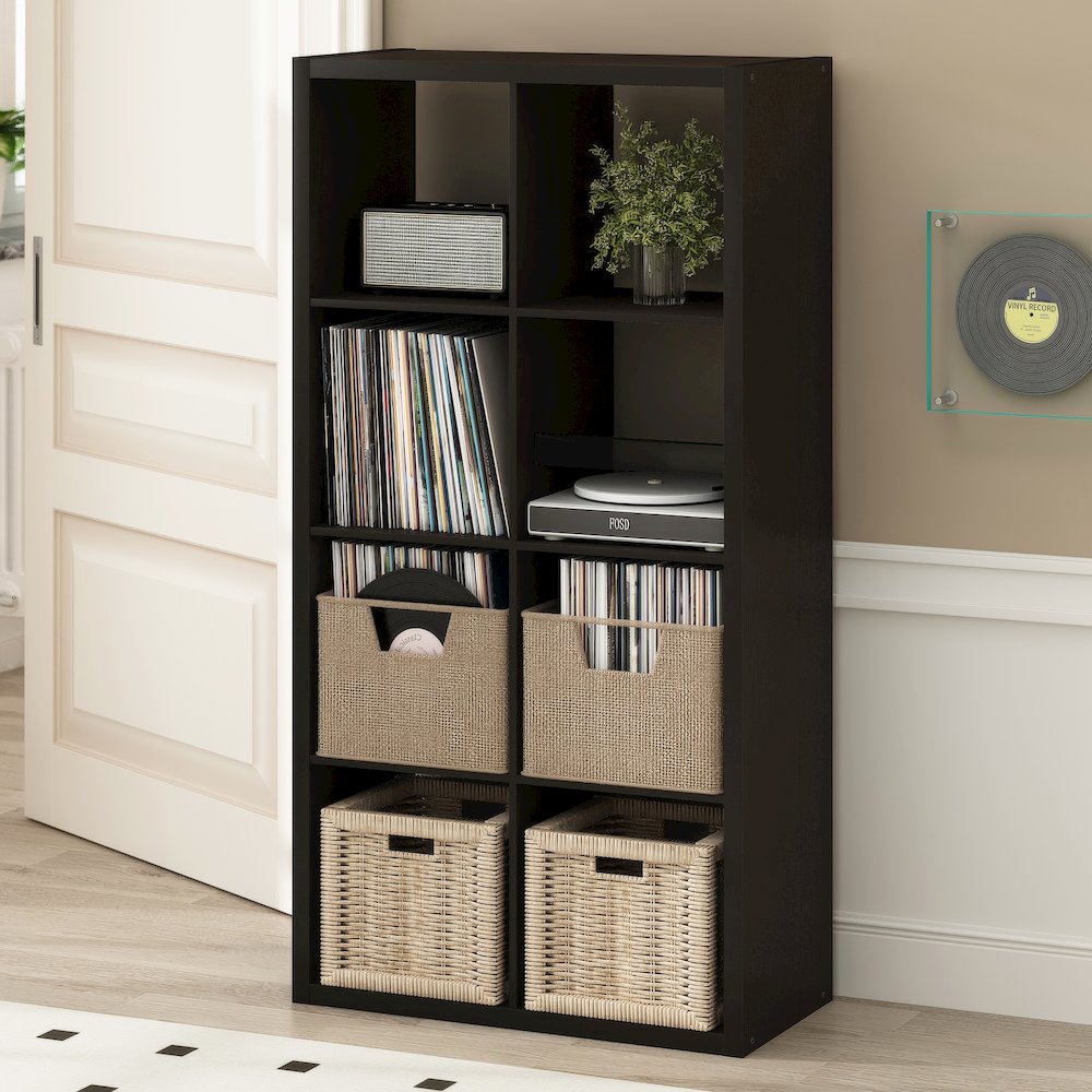 Open Back Decorative Vintage Media Storage Organizer, 8-Cube, Dark Oak. Picture 2