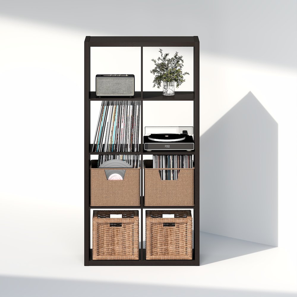 Open Back Decorative Vintage Media Storage Organizer, 8-Cube, Dark Oak. Picture 4