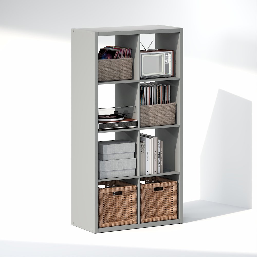 Open Back Decorative Vintage Media Storage Organizer, 8-Cube, Light Grey. Picture 1