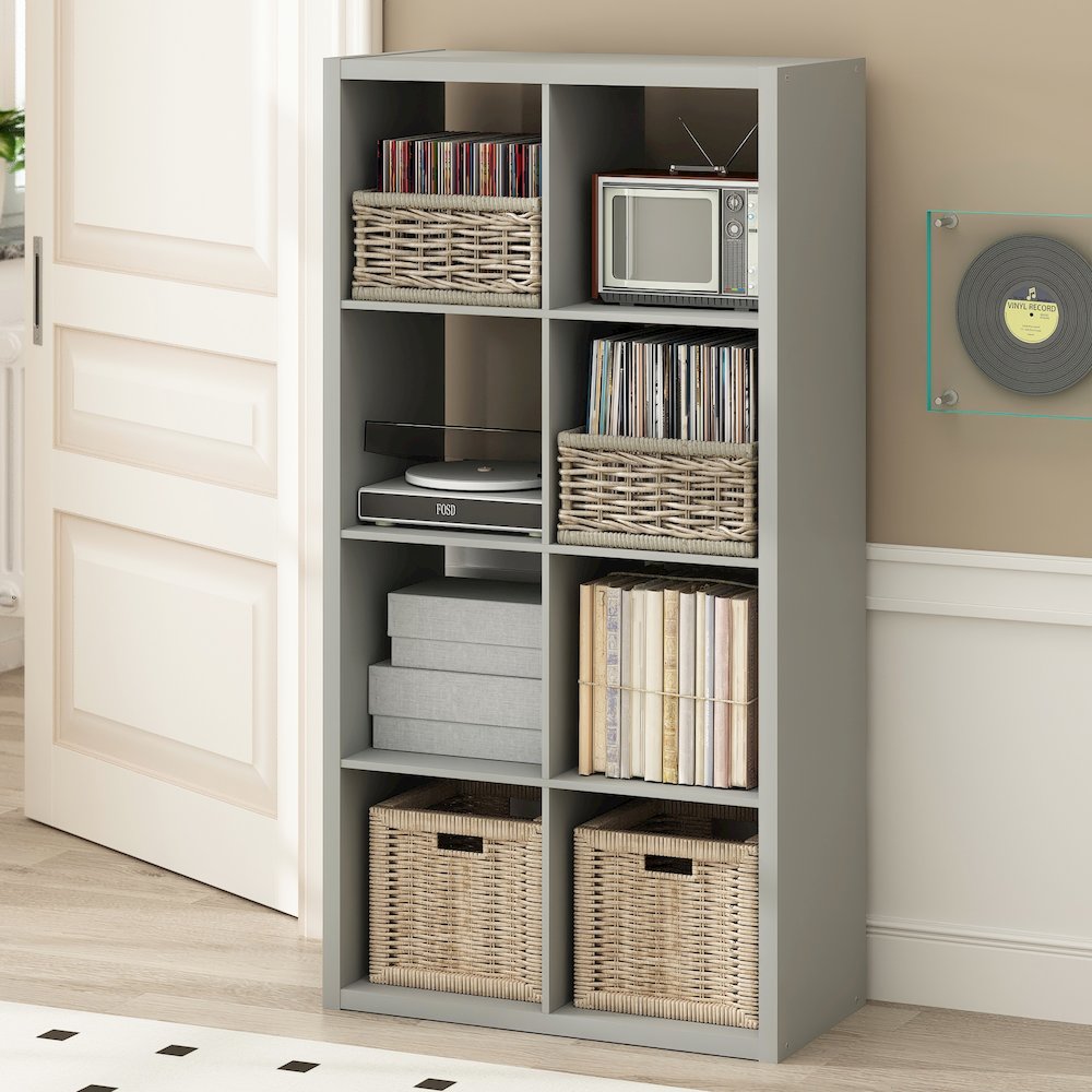 Open Back Decorative Vintage Media Storage Organizer, 8-Cube, Light Grey. Picture 2