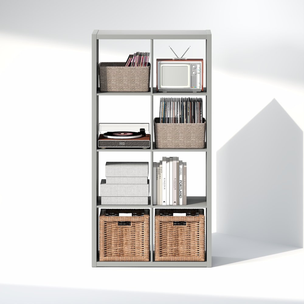 Open Back Decorative Vintage Media Storage Organizer, 8-Cube, Light Grey. Picture 4