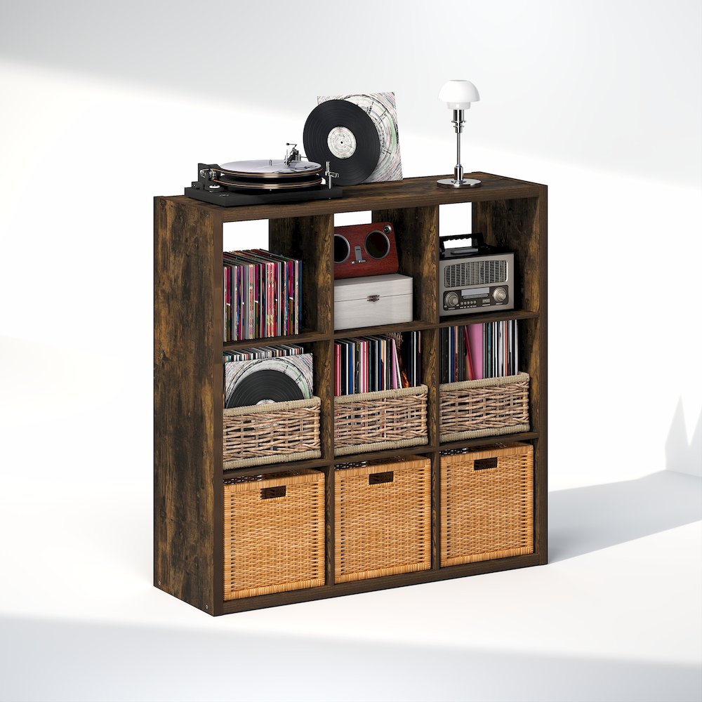 Open Back Decorative Vintage Media Storage Organizer, 9-Cube, Amber Pine. Picture 1