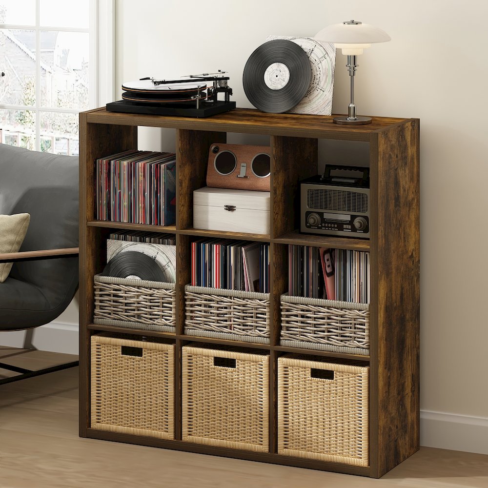 Open Back Decorative Vintage Media Storage Organizer, 9-Cube, Amber Pine. Picture 2