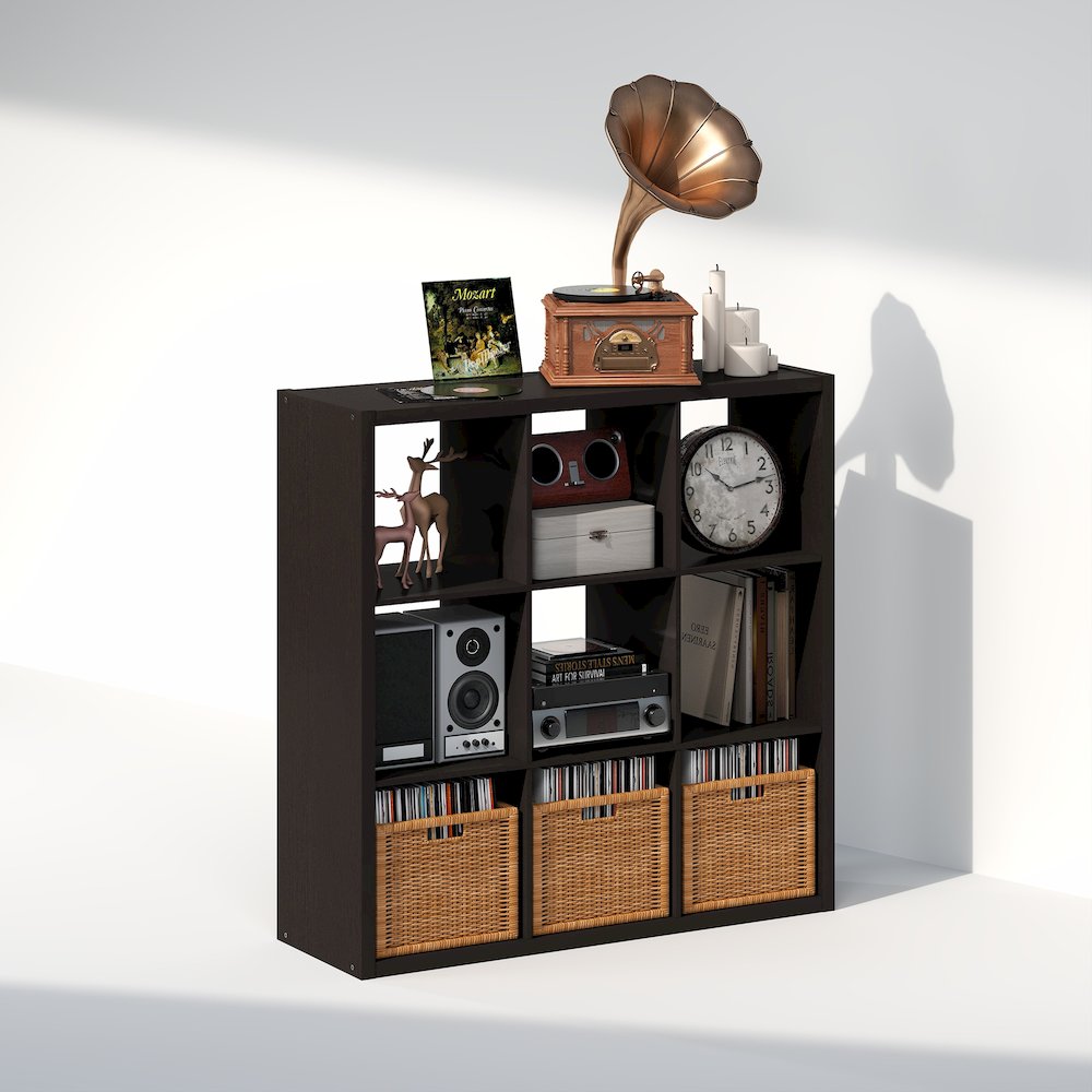 Open Back Decorative Vintage Media Storage Organizer, 9-Cube, Dark Oak. Picture 1