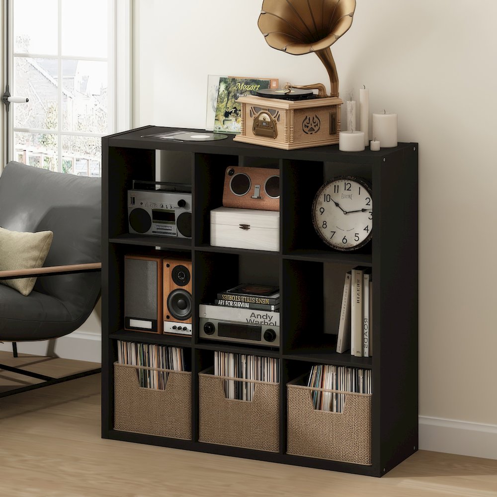 Open Back Decorative Vintage Media Storage Organizer, 9-Cube, Dark Oak. Picture 2