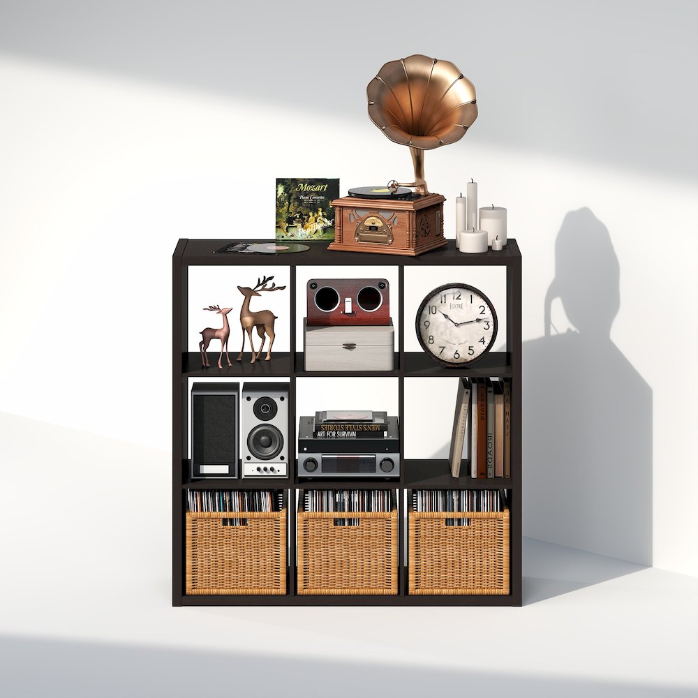 Open Back Decorative Vintage Media Storage Organizer, 9-Cube, Dark Oak. Picture 4