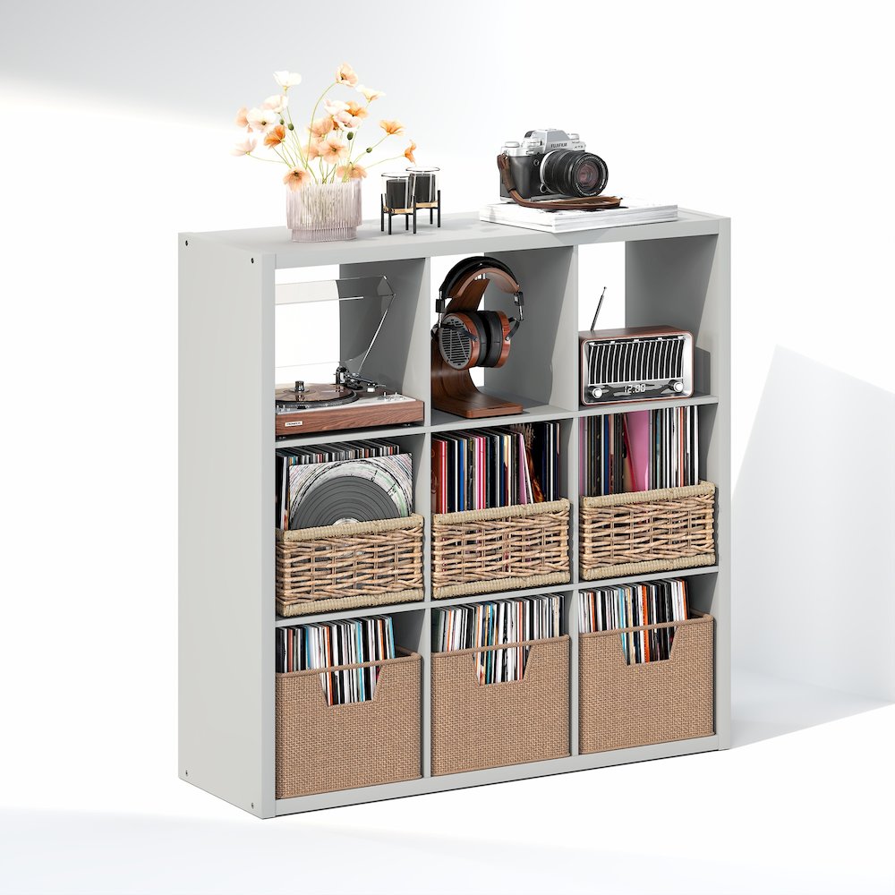 Open Back Decorative Vintage Media Storage Organizer, 9-Cube, Light Grey. Picture 1